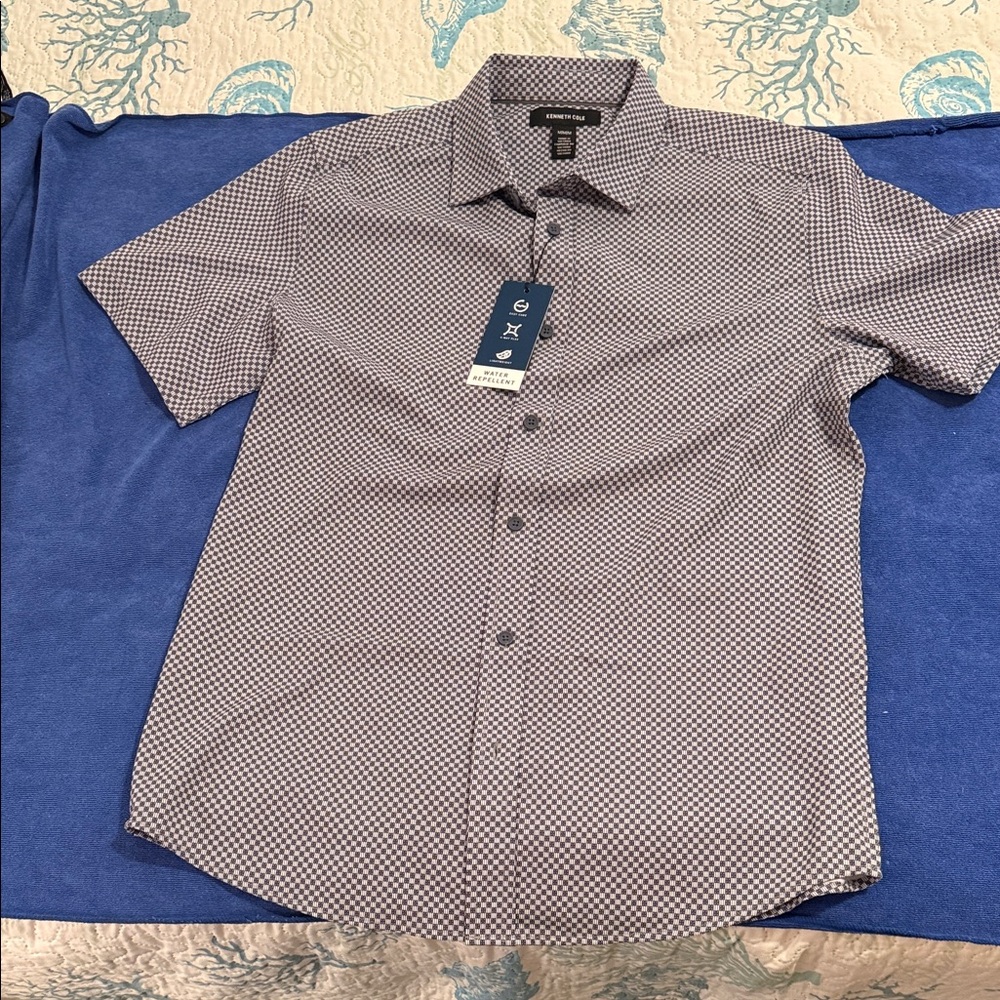 Kenneth Cole Medium Techni-Cole Water Repellent Short Sleeve Checkered Shirt NWT